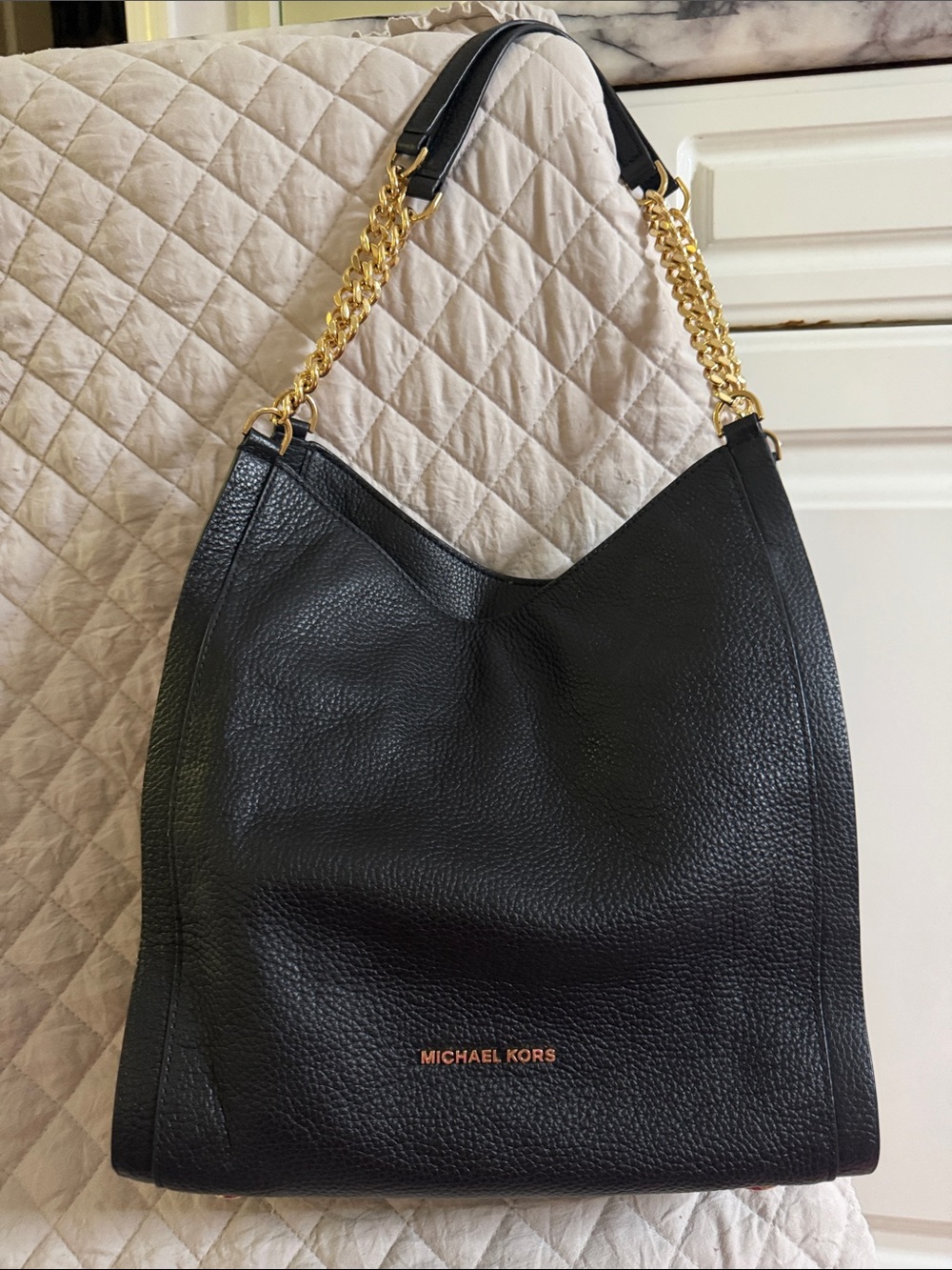 Michael Kors Black Pebbled Leather Hobo Shoulder Bag with Gold Chain Strap